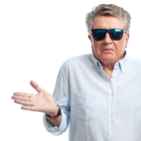 Senior cool man confused sign — Stock Photo, Image