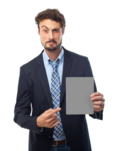 Young crazy businessman holding a gray card — Stock Photo, Image