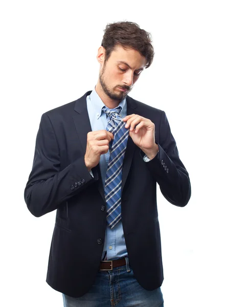 Young crazy businessman necktie knot — Stock Photo, Image