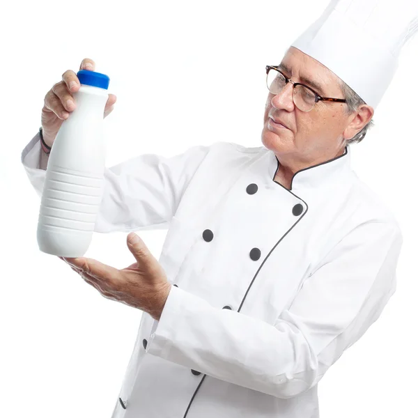 Hombre fresco senior con botella de leche — Foto de Stock