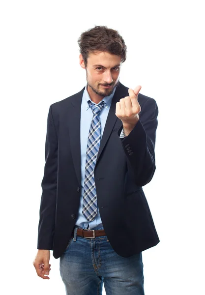 Young crazy businessman money gesture — Stock Photo, Image