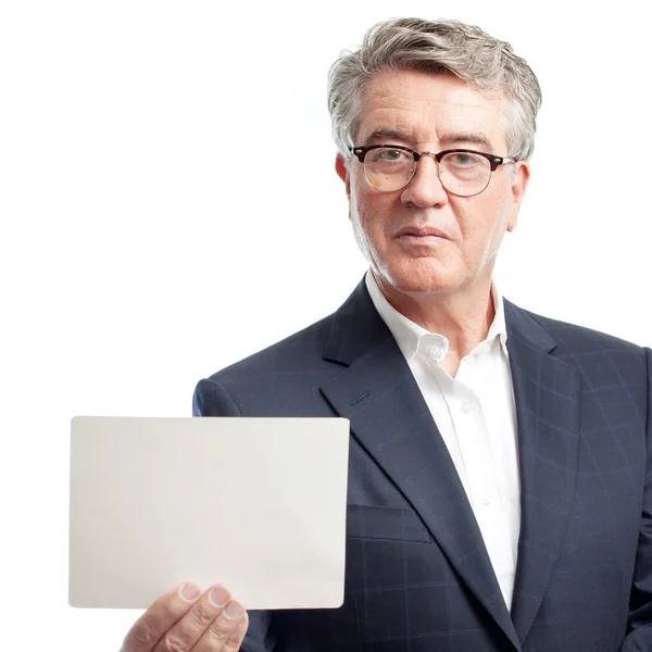 Senior cool man with a placard — Stock Photo, Image