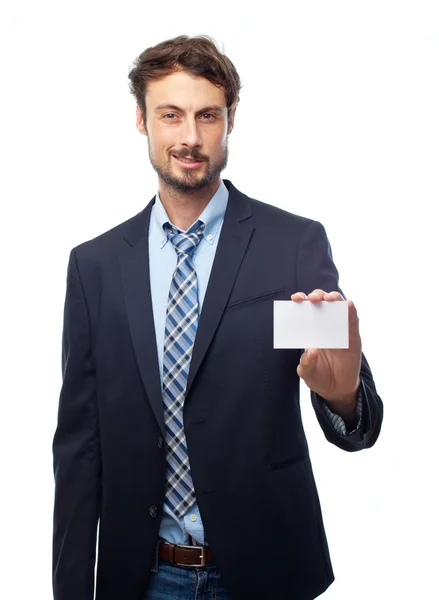 Joven loco hombre de negocios con una tarjeta de nombre — Foto de Stock