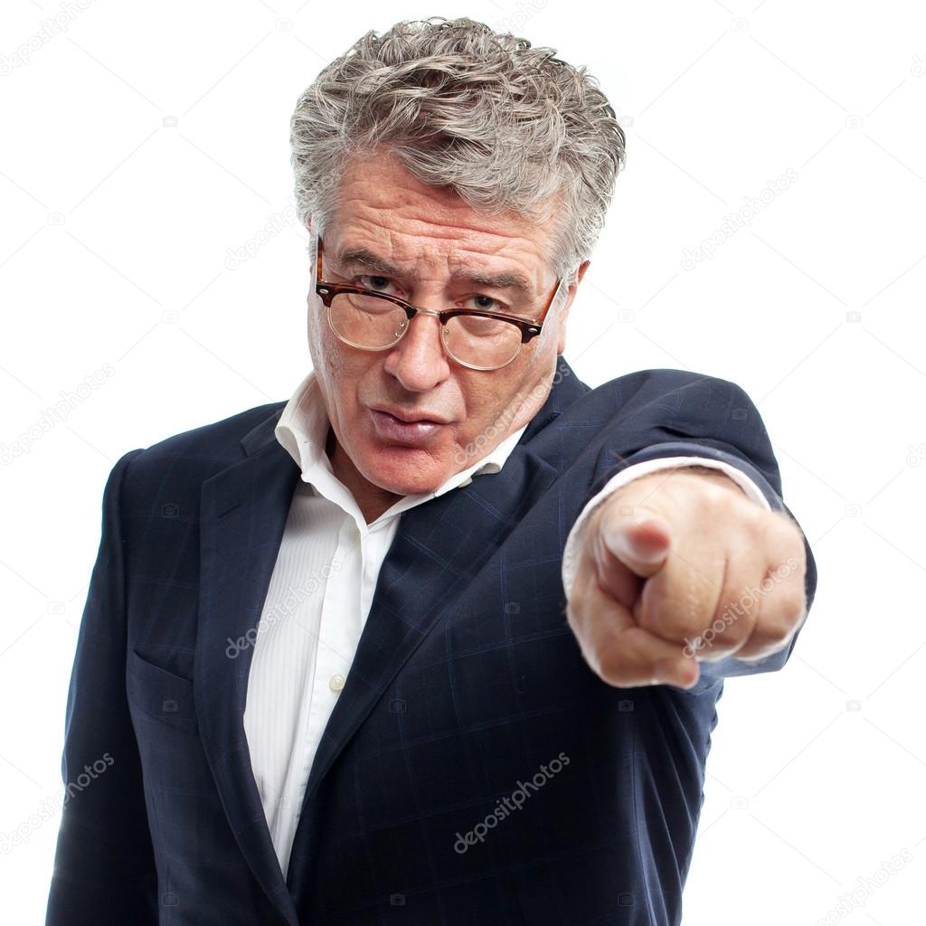 Senior cool man angry boss pointing