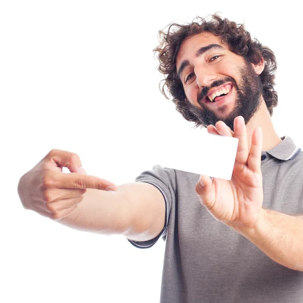 Joven loco con una tarjeta de nombre — Foto de Stock