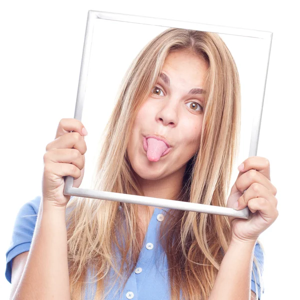Young cool woman joking with a steel frame — Stock Photo, Image