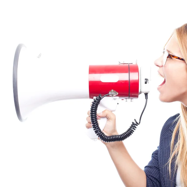 Jonge cool vrouw met een megafoon — Stockfoto