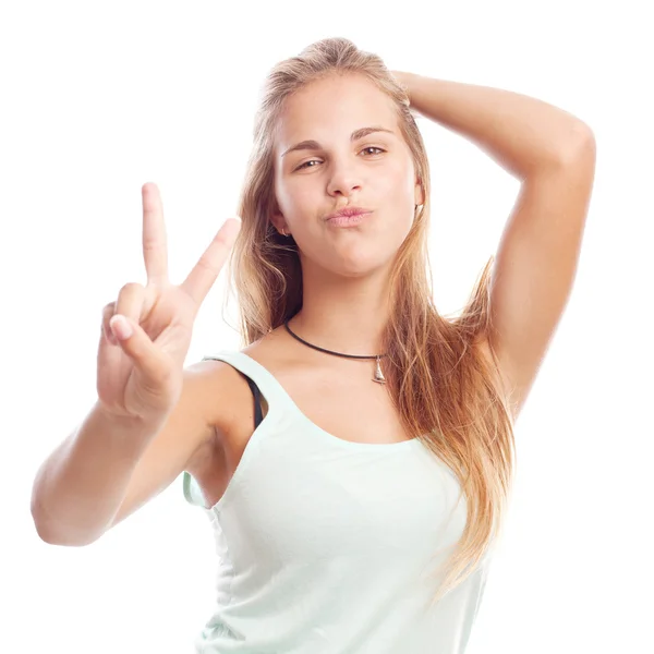 Young cool woman victory sign — Stock Photo, Image