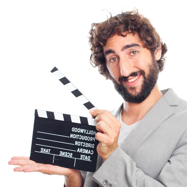 Jeune homme fou avec un clapperboard — Photo