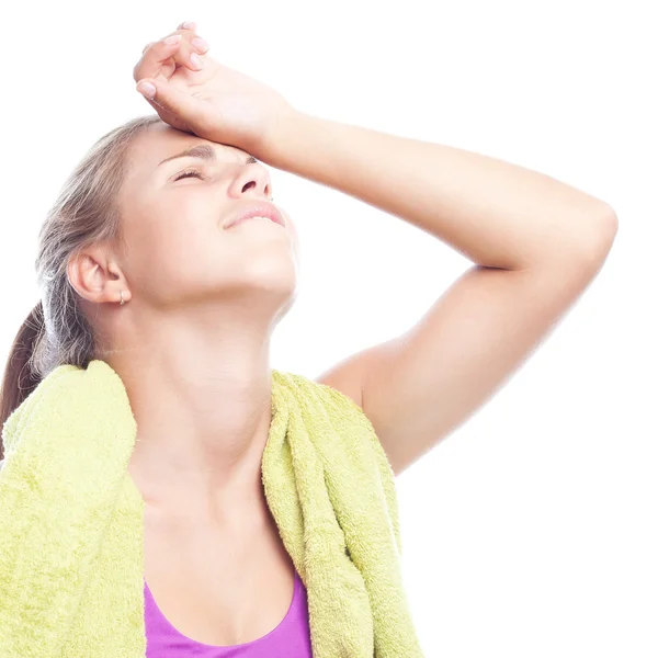 Young cool woman tired with a towel — Stock Photo, Image