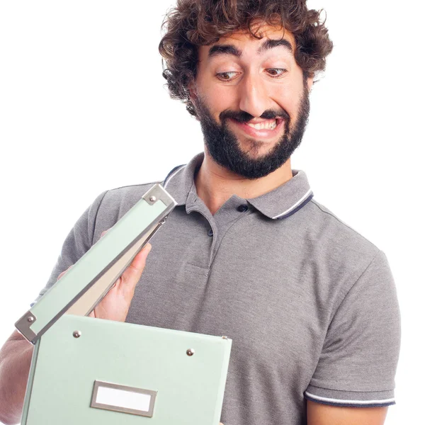 Young crazy man opening a box — Stock Photo, Image