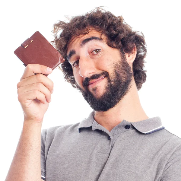 Ung galen man med en plånbok — Stockfoto