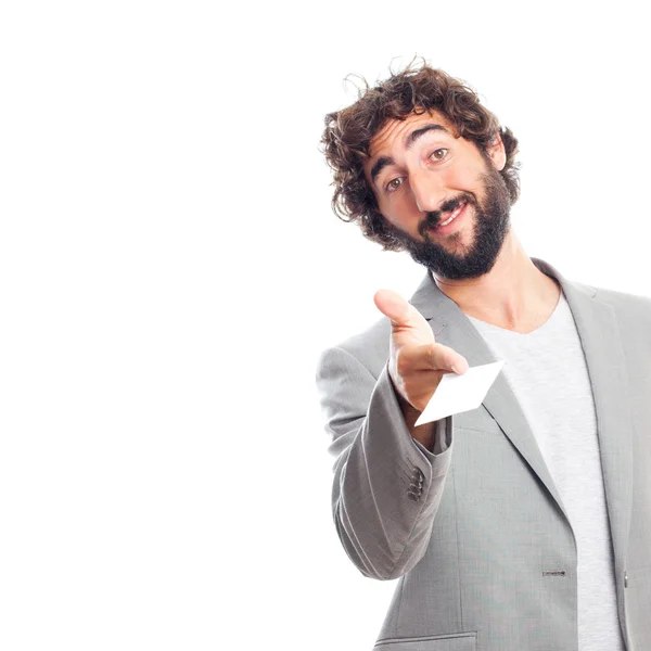 Young crazy man with a name card — Stock Photo, Image