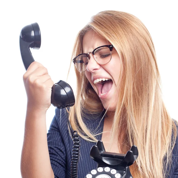 Young cool woman shouting at phone — Stock Photo, Image