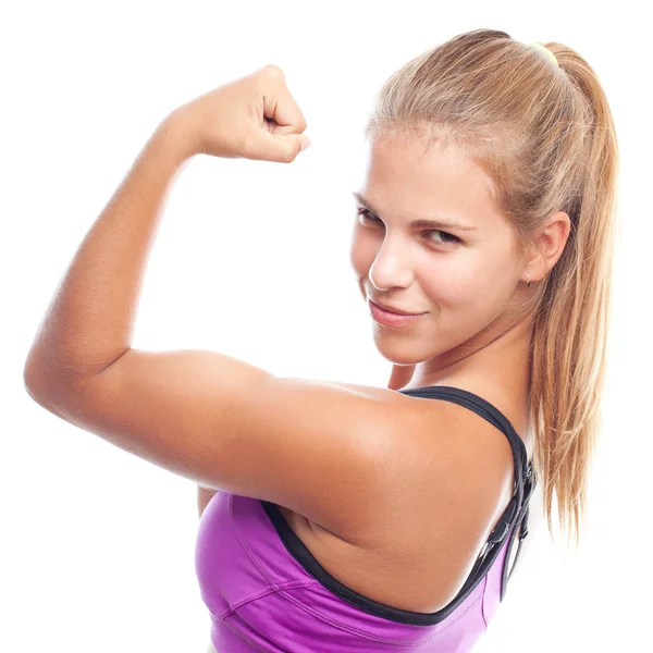 Jonge cool vrouw sterk teken — Stockfoto