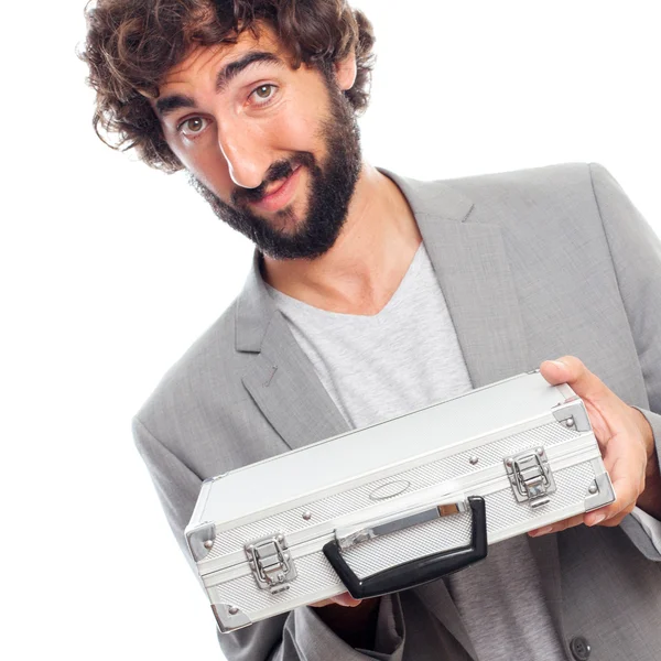 Young crazy man with a briefcase — Stock Photo, Image