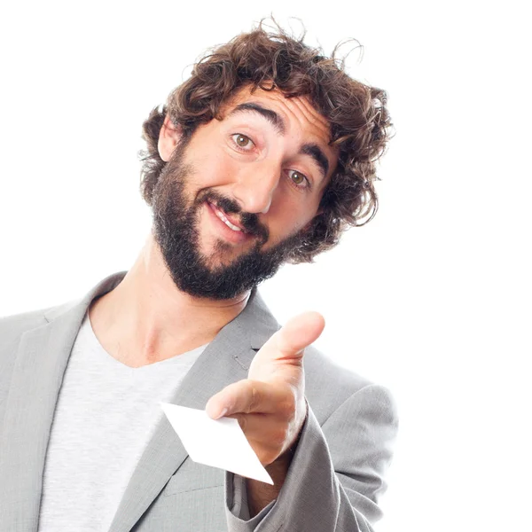 Young crazy man with a name card — Stock Photo, Image