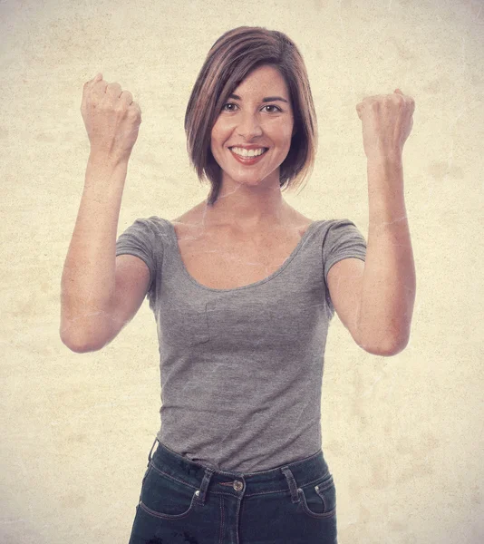 Junge coole Frau feiert Zeichen — Stockfoto