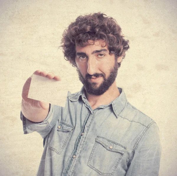 Joven loco con tarjeta de nombre — Foto de Stock