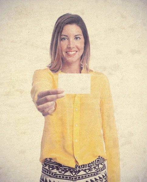 Young cool woman with name card — Stock Photo, Image