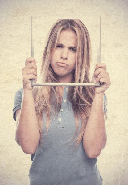 Young cool woman sad with a steel frame — Stock Photo, Image