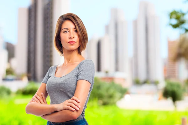 Young cool woman proud sign — Stock Photo, Image