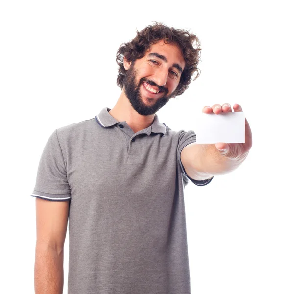 Joven loco con una tarjeta de nombre — Foto de Stock