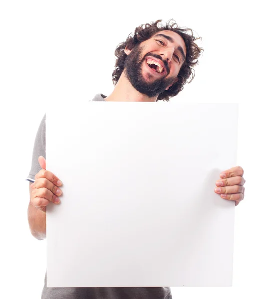 Young crazy man with a placard — Stock Photo, Image