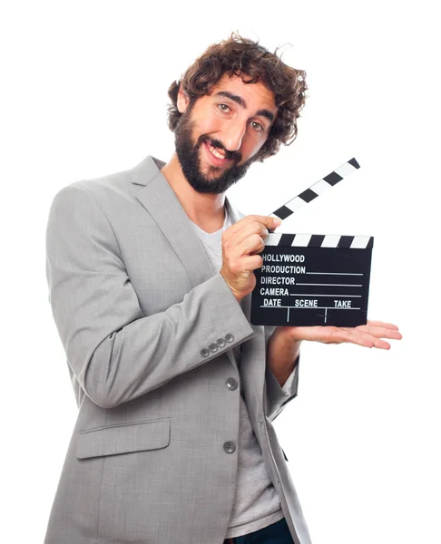 Jeune homme fou avec un clapperboard — Photo