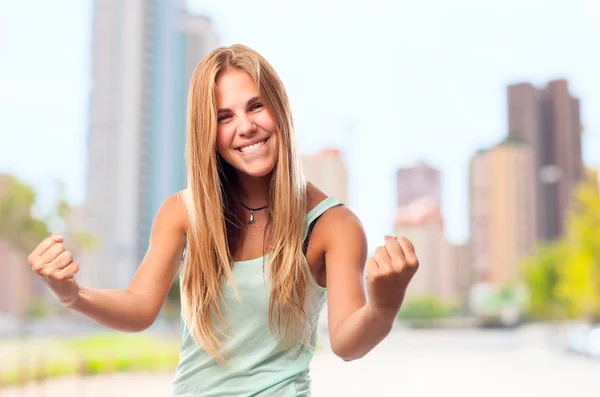 Joven cool mujer celebrando signo —  Fotos de Stock