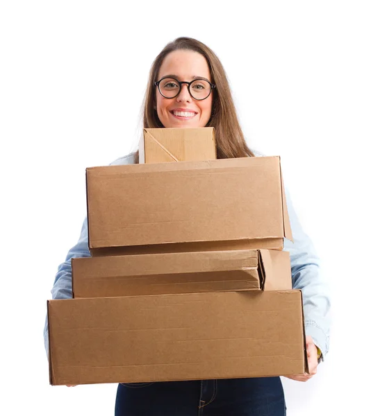 Young woman holding cardboard boxes — Stock Photo, Image