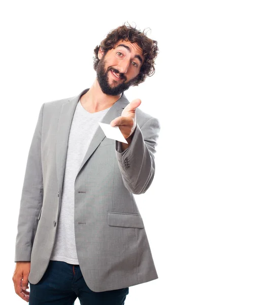 Young crazy man with a name card — Stock Photo, Image