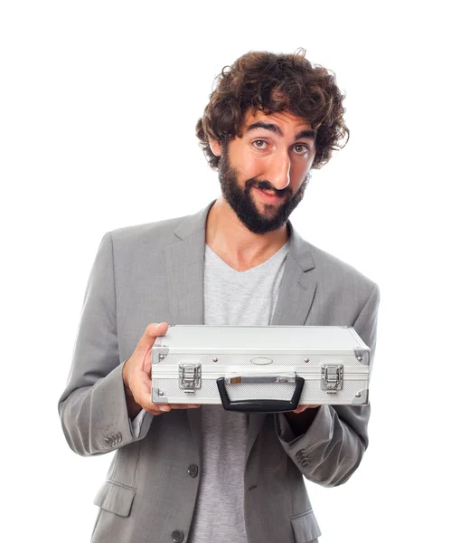 Young crazy man with a briefcase — Stock Photo, Image