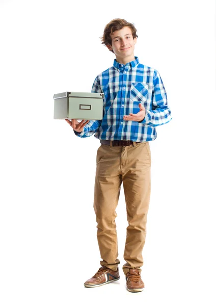 Teenager with showing a box — Stock Photo, Image