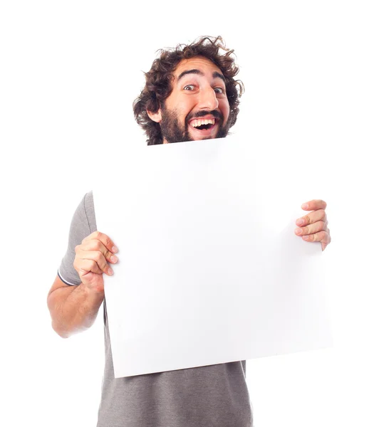 Young crazy man with a placard — Stock Photo, Image