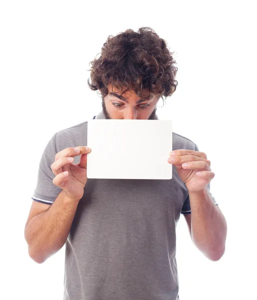 Young crazy man with a placard — Stock Photo, Image