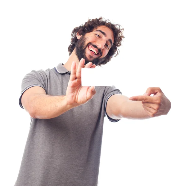 Joven loco con una tarjeta de nombre — Foto de Stock