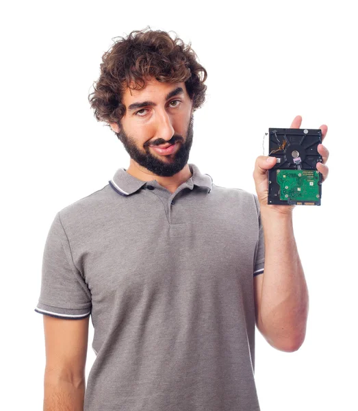 Young crazy man with a hard disk — Stock Photo, Image