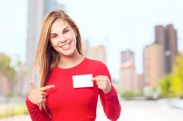 Young cool woman with a name card — Stock Photo, Image