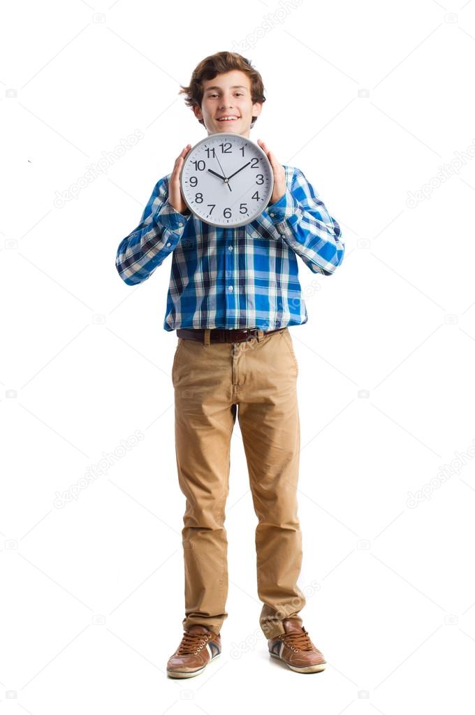 teenager holding a clock