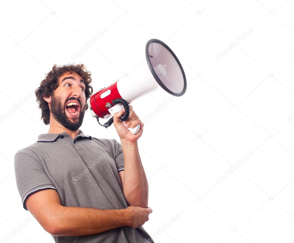young crazy man shouting with a megaphone