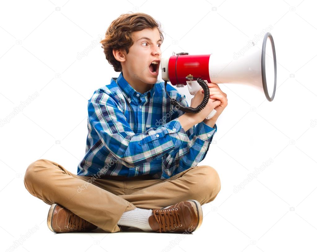 teenager shouting by megaphone