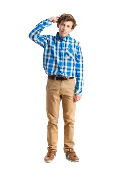 Jovem menino não entendendo gesto — Fotografia de Stock