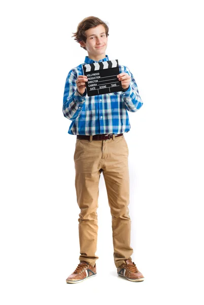 Έφηβος, κρατώντας ένα clapboard — Φωτογραφία Αρχείου