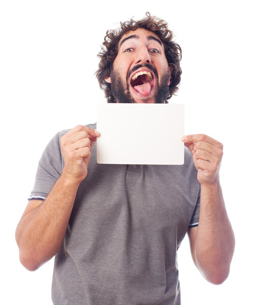 young crazy man with a placard