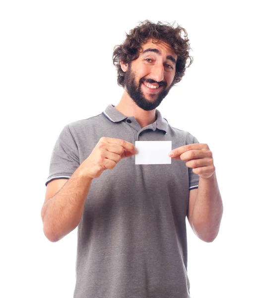 Joven loco con una tarjeta de nombre — Foto de Stock