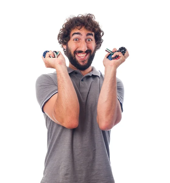 Young bearded man with Poker Chips — Stock Photo, Image