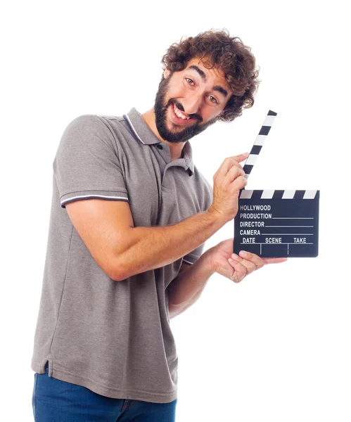 Young crazy man with a clapperboard — Stock Photo, Image