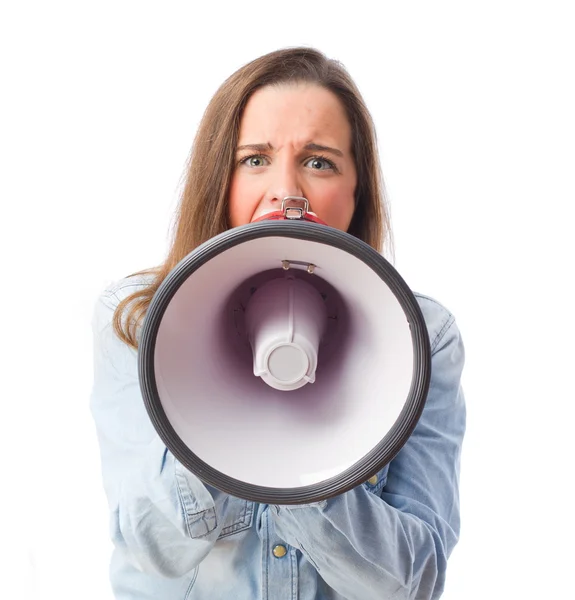 Fiatal lány kiabálva a megafon — Stock Fotó