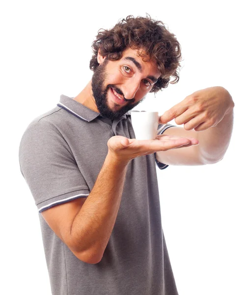 Young crazy man offering a coffee — Stock Photo, Image